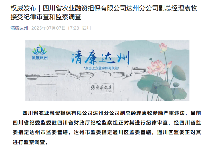 涉嫌嚴重違法！四川省農(nóng)業(yè)融資擔保有限公司達州分公司一“85后”副總經(jīng)理被查:融資擔保